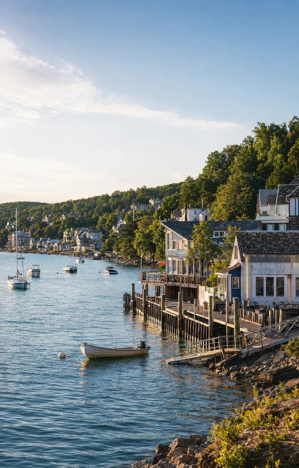 A sunlit harbor town with boats on blue water