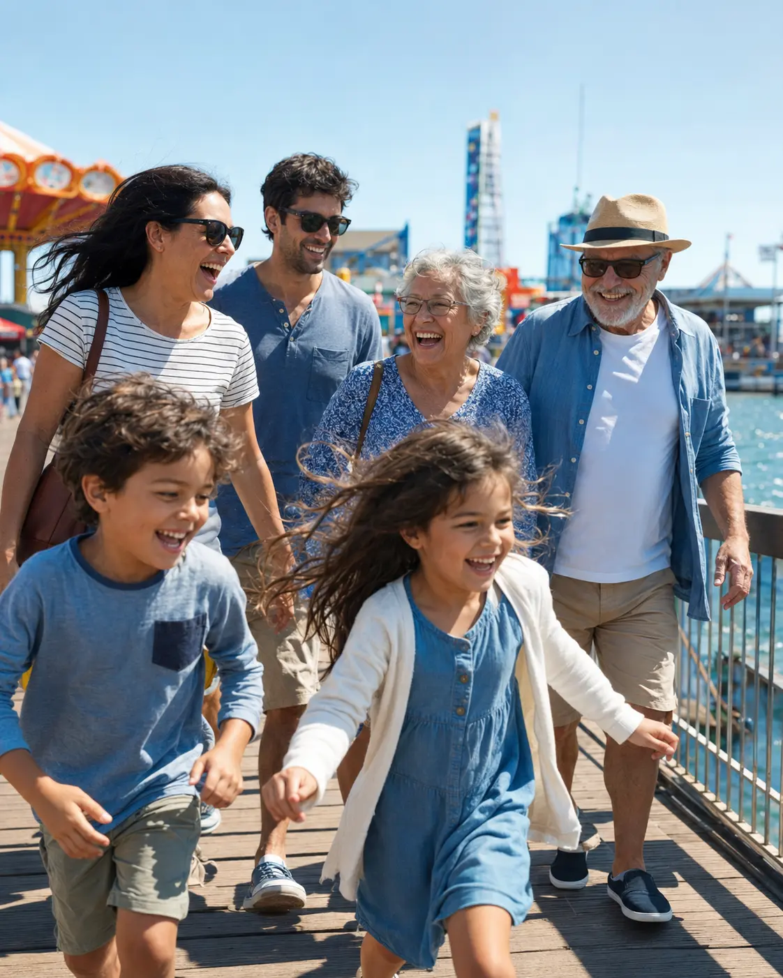 A family laughing together on a boardwalk