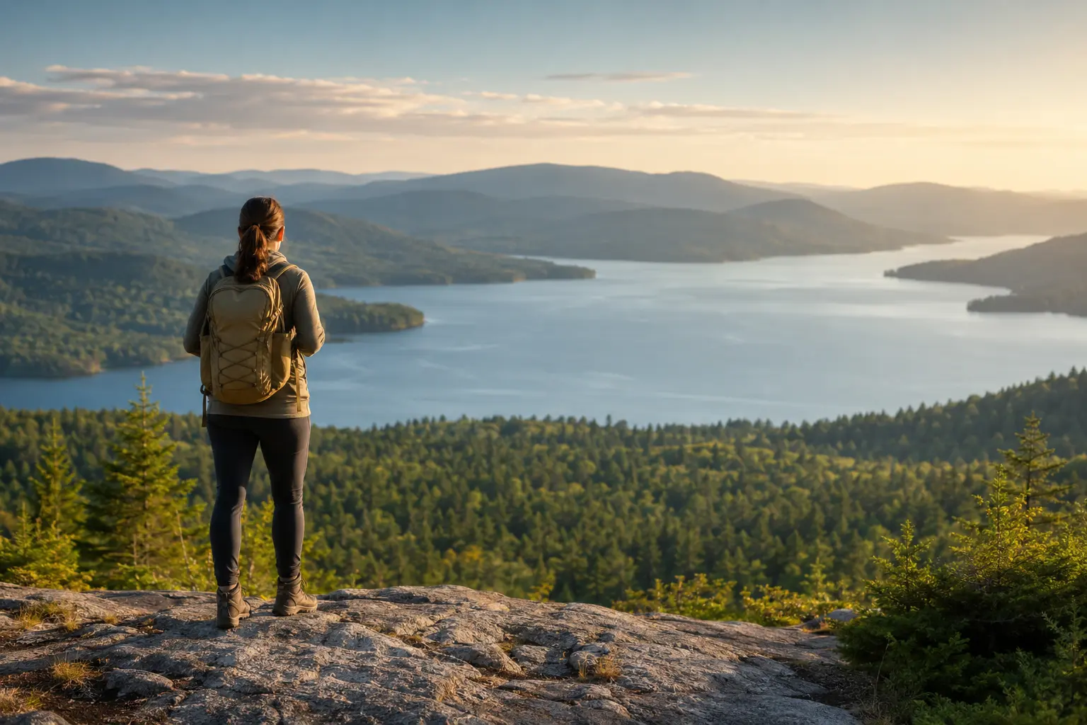 A traveler looking over a lake and mountain ridges