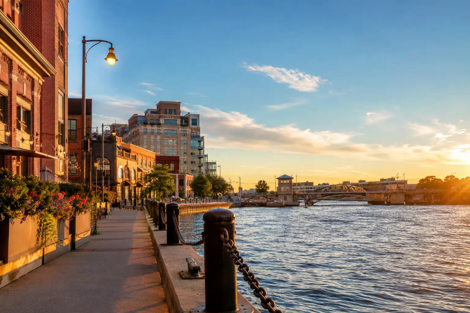 A warm Great Lakes city riverfront at golden hour